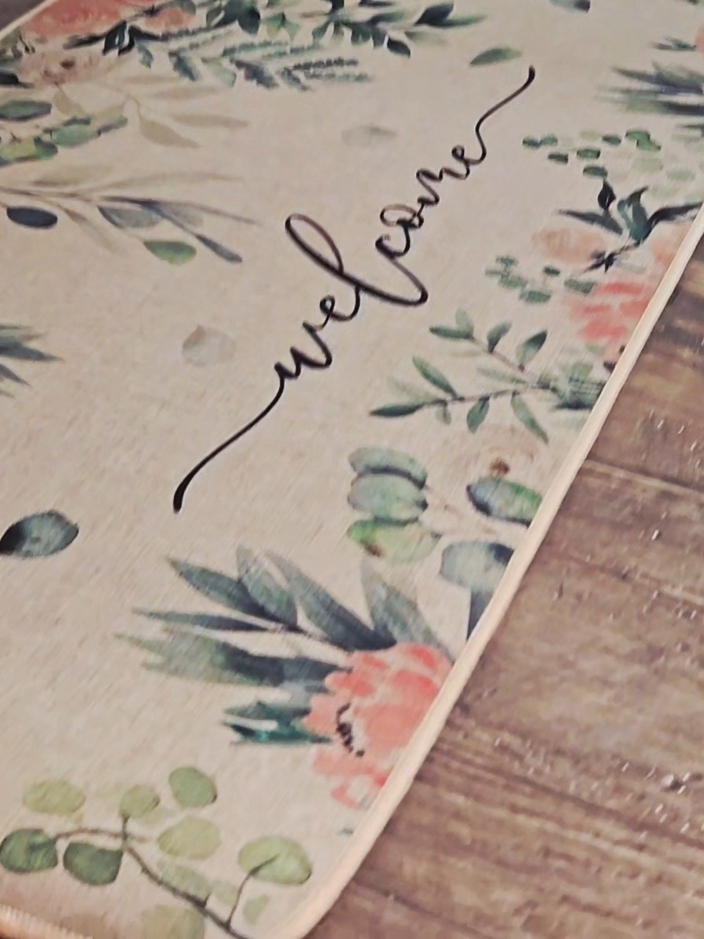 Floral 'Welcome' Door Mat with Watercolor Green and Coral Accents - Picture 2 of 4